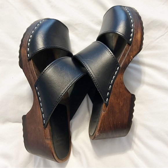 Maguba Black Tokyo Clogs Sandals Leather Wood Size 37 Swedish Summer Minimalist - Picture 5 of 8